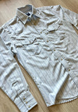 Med/Lrg - Vintage 90s Wrangler Baby Blue / Navy Pin Striped Pearlsnap Polyester Western Shirt