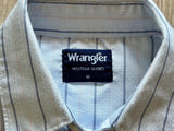 Med/Lrg - Vintage 90s Wrangler Baby Blue / Navy Pin Striped Pearlsnap Polyester Western Shirt
