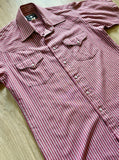 Medium - Vintage 80s Ruddock Maroon / White Striped Short Sleeve Pearlsnap Shirt