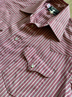 Medium - Vintage 80s Ruddock Maroon / White Striped Short Sleeve Pearlsnap Shirt