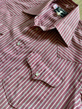 Medium - Vintage 80s Ruddock Maroon / White Striped Short Sleeve Pearlsnap Shirt