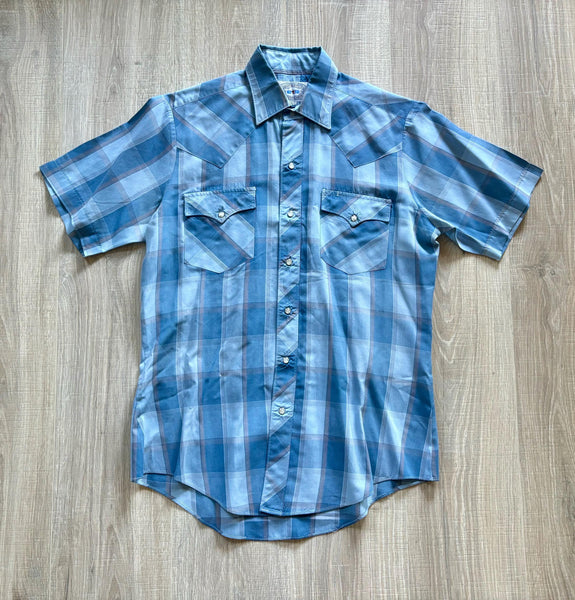 Medium - Vintage 80s ATB Western Baby Blue Plaid Short Sleeve Pearlsnap Shirt