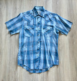 Medium - Vintage 80s ATB Western Baby Blue Plaid Short Sleeve Pearlsnap Shirt