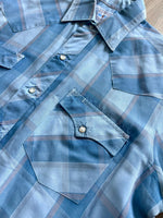 Medium - Vintage 80s ATB Western Baby Blue Plaid Short Sleeve Pearlsnap Shirt