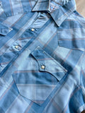 Medium - Vintage 80s ATB Western Baby Blue Plaid Short Sleeve Pearlsnap Shirt