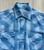Medium - Vintage 80s ATB Western Baby Blue Plaid Short Sleeve Pearlsnap Shirt