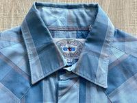 Medium - Vintage 80s ATB Western Baby Blue Plaid Short Sleeve Pearlsnap Shirt