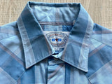 Medium - Vintage 80s ATB Western Baby Blue Plaid Short Sleeve Pearlsnap Shirt