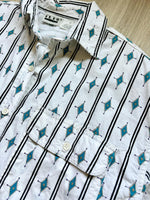 Women's M/L - Vintage 90s Ilio White & Turquoise Southwestern / Aztec Print Button Up Western Shirt