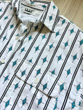 Women's M/L - Vintage 90s Ilio White & Turquoise Southwestern / Aztec Print Button Up Western Shirt