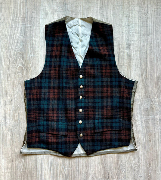 Vintage 80s Green/Brown Plaid English Riding Vest (Size Sm/Med)