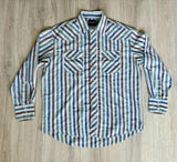 L/XL - Vintage 90s Wrangler White/Green/Maroon Striped Western Pearlsnap Shirt