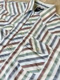 L/XL - Vintage 90s Wrangler White/Green/Maroon Striped Western Pearlsnap Shirt