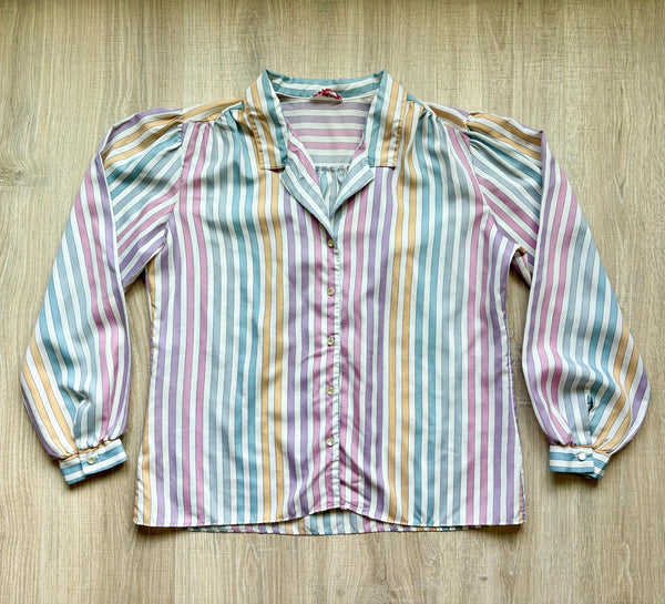 Women's M/L- Vintage 80s Pastel Striped Button Up Oversized Shirt