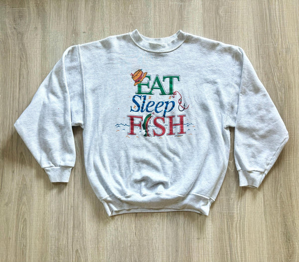 Medium - Vintage 90s Eat Sleep Fish Gray Sweatshirt