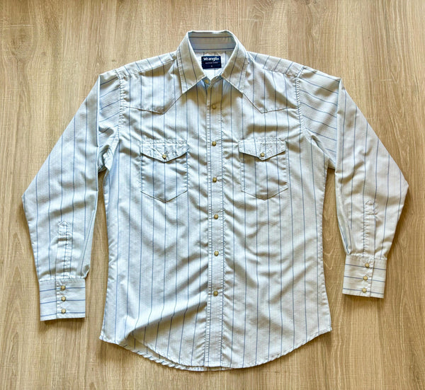 Med/Lrg - Vintage 90s Wrangler Baby Blue / Navy Pin Striped Pearlsnap Polyester Western Shirt