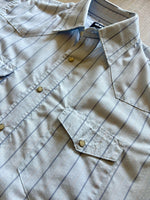 Med/Lrg - Vintage 90s Wrangler Baby Blue / Navy Pin Striped Pearlsnap Polyester Western Shirt