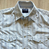 Med/Lrg - Vintage 90s Wrangler Baby Blue / Navy Pin Striped Pearlsnap Polyester Western Shirt