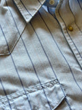 Med/Lrg - Vintage 90s Wrangler Baby Blue / Navy Pin Striped Pearlsnap Polyester Western Shirt