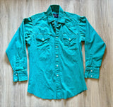 Medium - Vintage 90s Panhandle Slim Solid Turquoise Button Up Western Brush Popper Shirt