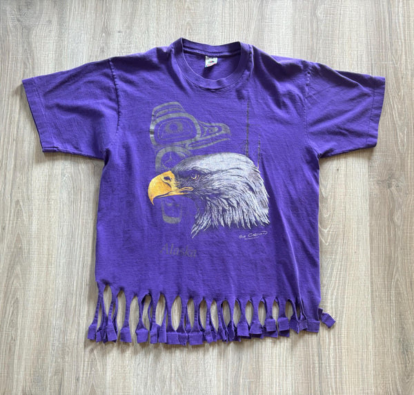 Med/Leg - Vintage 90s Purple Bald Eagle / Alaska Fringed T-Shirt