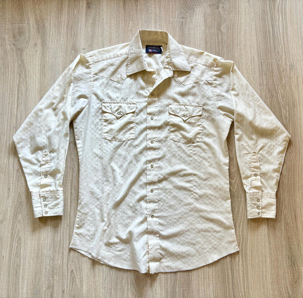 Med/Lrg - Vintage 80s Panhandle Slim White Cream Striped Polyester Western Pearlsnap Shirt