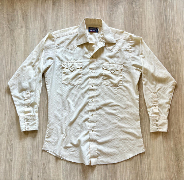 Med/Lrg - Vintage 80s Panhandle Slim White Cream Striped Polyester Western Pearlsnap Shirt