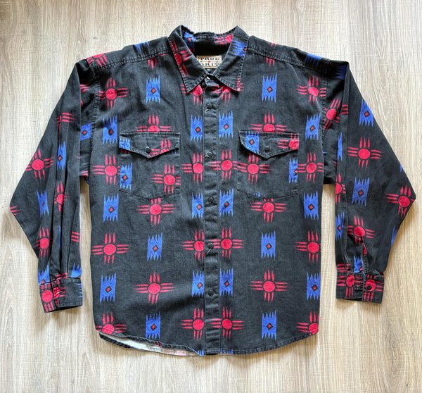 2XL - Vintage 90s True Grit Faded Black Southwestern / Aztec Print Button Up Western Shirt