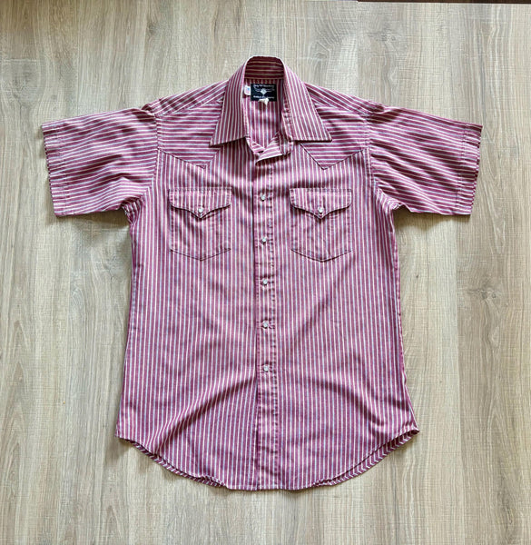 Medium - Vintage 80s Ruddock Maroon / White Striped Short Sleeve Pearlsnap Shirt