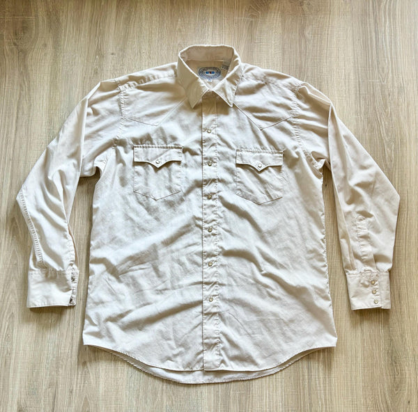 Large - Vintage 80s ATB Western Solid Cream Pearlsnap Shirt