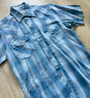 Medium - Vintage 80s ATB Western Baby Blue Plaid Short Sleeve Pearlsnap Shirt