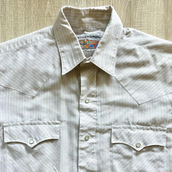 Med/Lrg - Vintage 80s ATB Western Cream Thin Lined Plaid Short Sleeve Pearlsnap Shirt