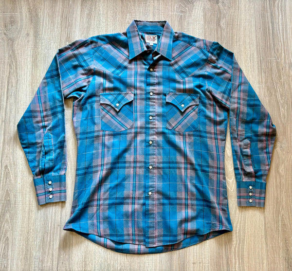 Medium - Vintage 90s ELY Turquoise / Pink Plaid Pearlsnap Shirt