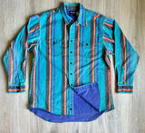 Large - Vintage 90s Wrangler Turquoise Striped Button Up Western Brush Popper Shirt