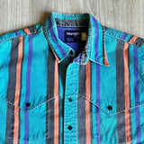 Large - Vintage 90s Wrangler Turquoise Striped Button Up Western Brush Popper Shirt