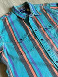 Large - Vintage 90s Wrangler Turquoise Striped Button Up Western Brush Popper Shirt