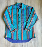 Large - Vintage 90s Wrangler Turquoise Striped Button Up Western Brush Popper Shirt