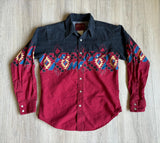 XS (Youth L) - Vintage 90s Rustler Black / Red / Aztec Western Pearlsnap Shirt