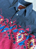 XS (Youth L) - Vintage 90s Rustler Black / Red / Aztec Western Pearlsnap Shirt