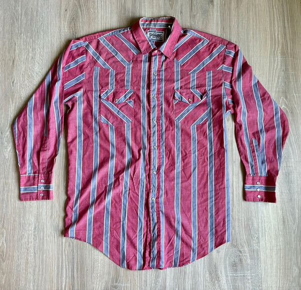 L/XL - Vintage 90s Pure Country Pink/Gray Striped Pearlsnap Western Shirt