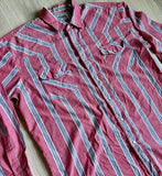 L/XL - Vintage 90s Pure Country Pink/Gray Striped Pearlsnap Western Shirt