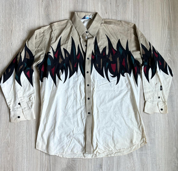 XL - Vintage 90s Brooks & Dunn Beige/Cream w/Tribal Flames Button Up Western Shirt