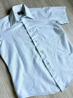 Medium - Vintage 80s White / Blue Striped Polyester Americana Collection Short Sleeve Button Up Shirt