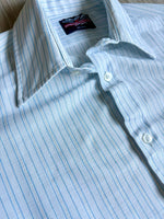 Medium - Vintage 80s White / Blue Striped Polyester Americana Collection Short Sleeve Button Up Shirt