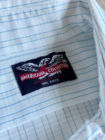 Medium - Vintage 80s White / Blue Striped Polyester Americana Collection Short Sleeve Button Up Shirt