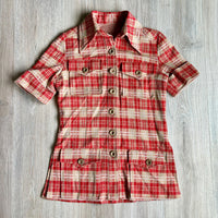 Small - Vintage 70s Beige / Red Houndstooth Plaid Short Sleeve Button Up Leisure Shirt