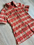 Small - Vintage 70s Beige / Red Houndstooth Plaid Short Sleeve Button Up Leisure Shirt