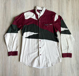Medium - Vintage 90s Mo Betta Maroon Green Cream Tiger Stripe Long Sleeve Band Collar Button Up Western Shirt