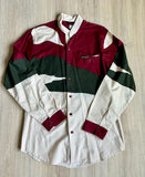 Medium - Vintage 90s Mo Betta Maroon Green Cream Tiger Stripe Long Sleeve Band Collar Button Up Western Shirt