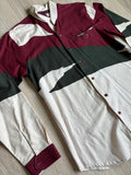 Medium - Vintage 90s Mo Betta Maroon Green Cream Tiger Stripe Long Sleeve Band Collar Button Up Western Shirt